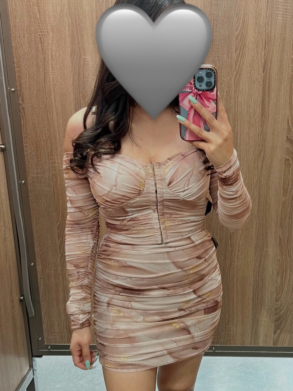 Ruched Off the Shoulder Mesh Crop Top in Beige Marble